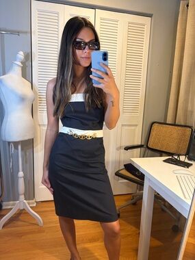 Milly Strapless Navy and Cream Dress with Gold Chain Belt